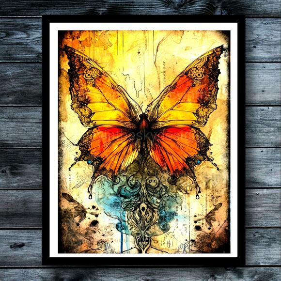 Handmade Other - Bright Gothic Butterfly Vivid Nature Wall Decor Art Print Orange Yellow Teal